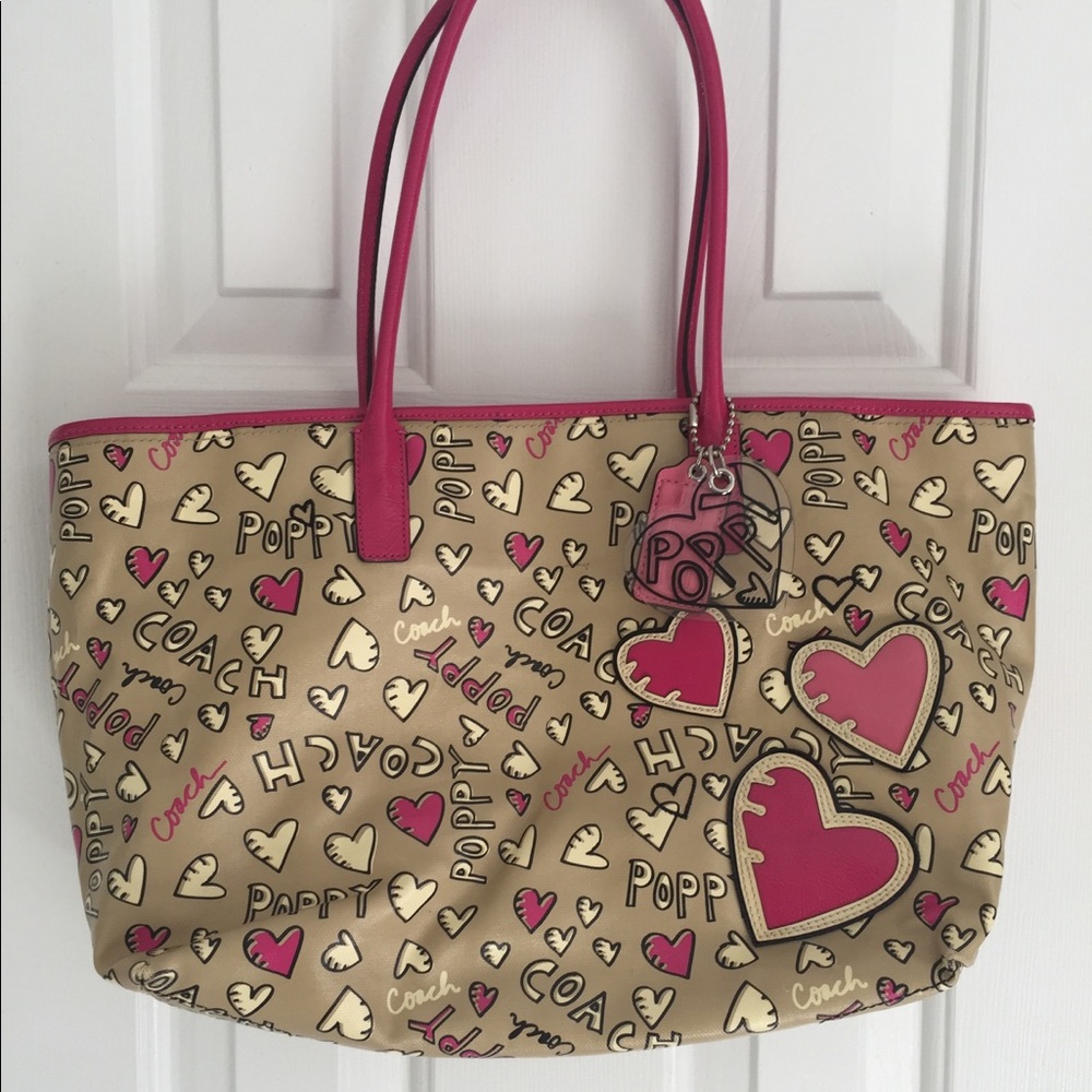 Coach Poppy Tan with Pink Trim Tote